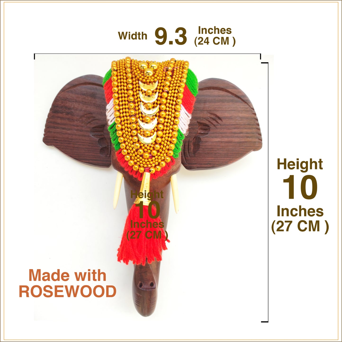 10-Inch Handcrafted Rosewood Elephant Head Wall Hanging with Nettipattom