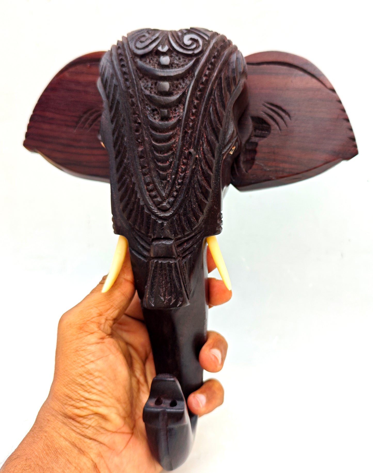 10-Inch Hand-Carved Kerala Elephant Head Wall Décor with Nettipattom | Premium Rosewood | Home decor