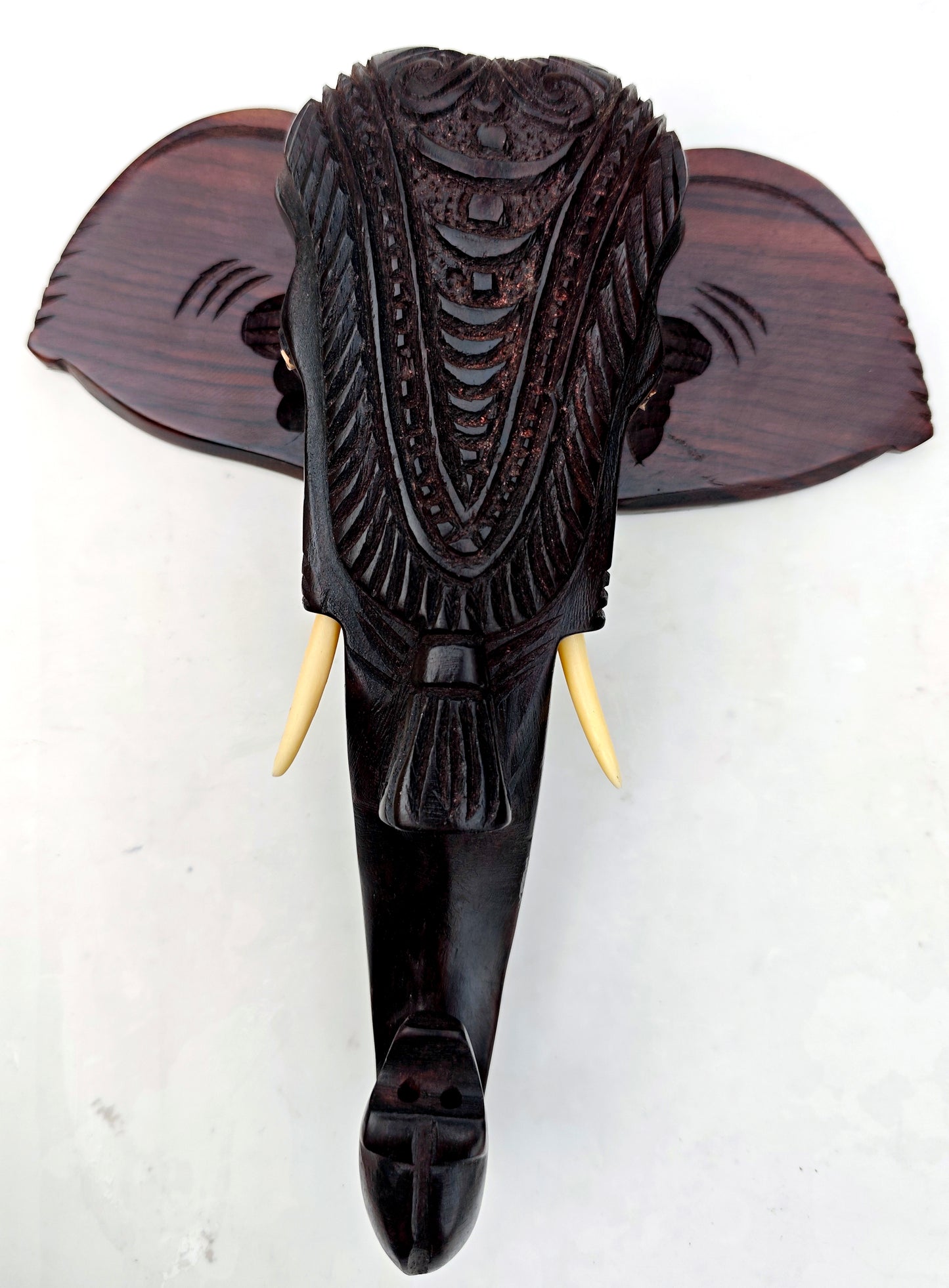 10-Inch Hand-Carved Kerala Elephant Head Wall Décor with Nettipattom | Premium Rosewood | Home decor