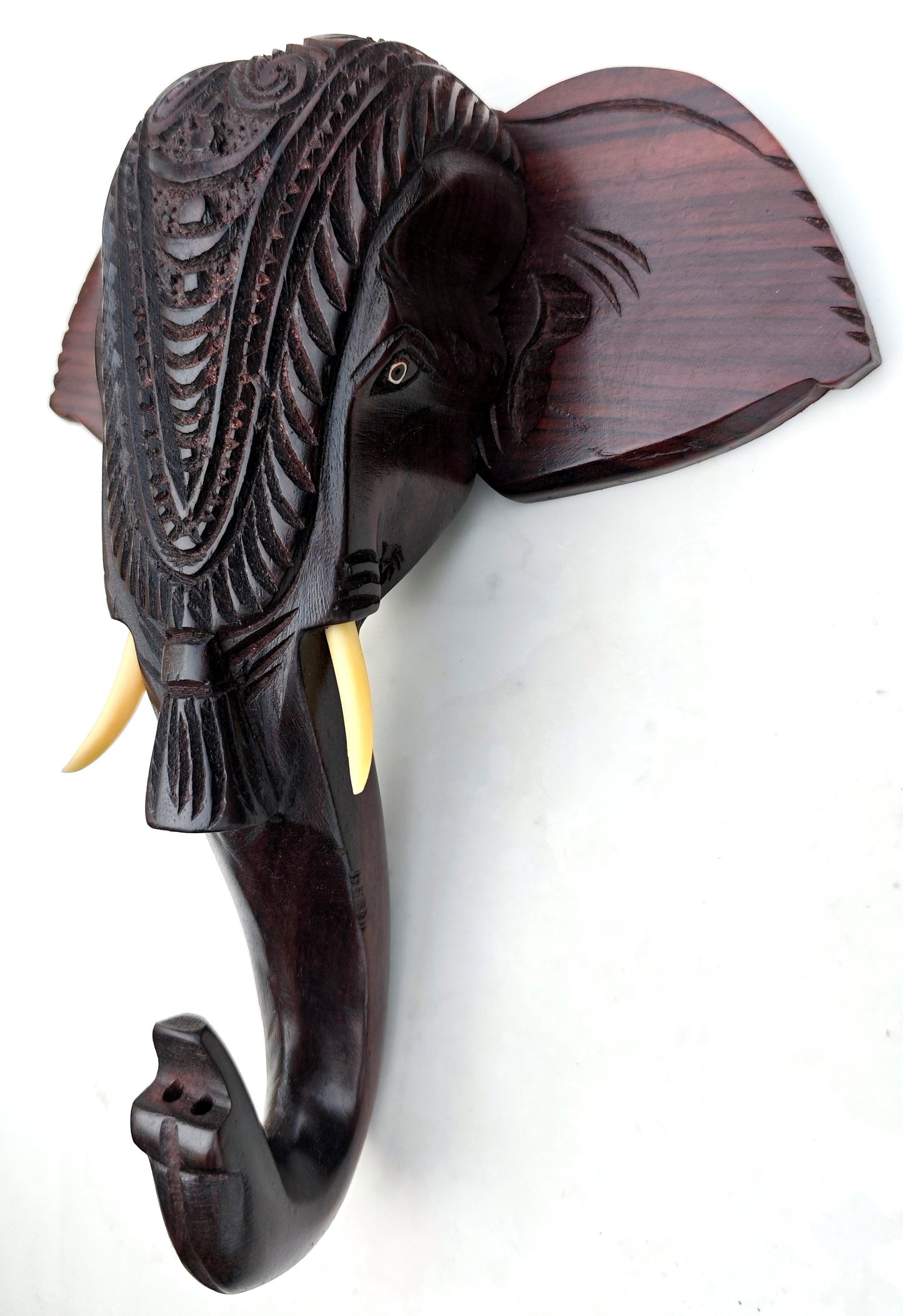 10-Inch Hand-Carved Kerala Elephant Head Wall Décor with Nettipattom | Premium Rosewood | Home decor