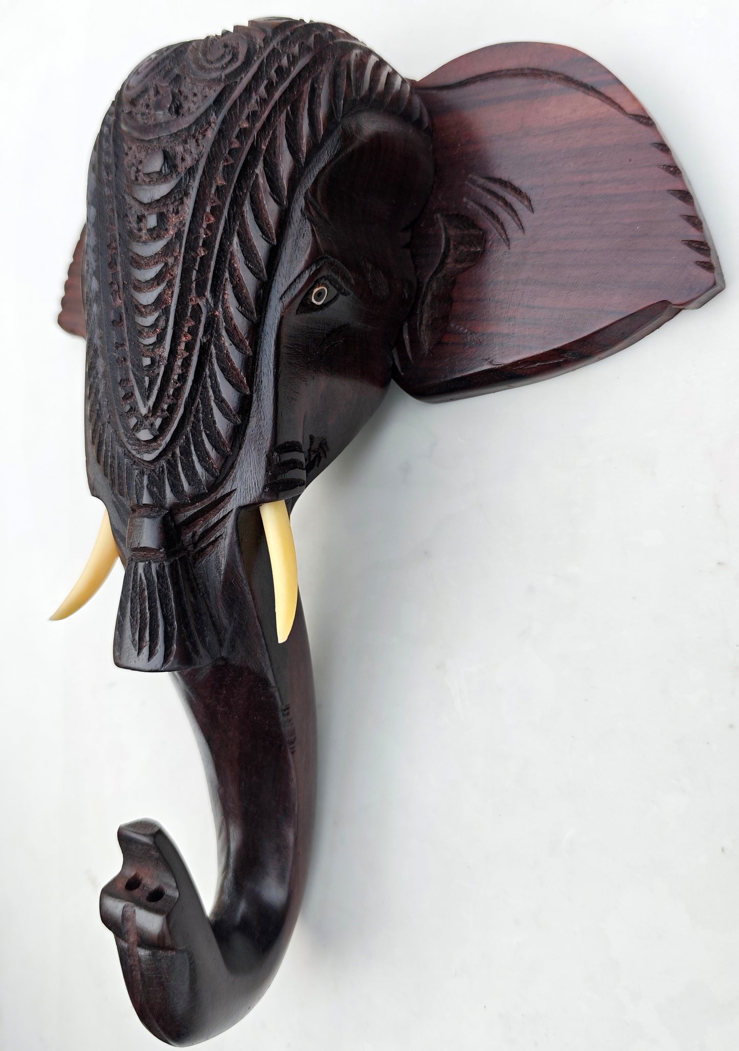 10-Inch Hand-Carved Kerala Elephant Head Wall Décor with Nettipattom | Premium Rosewood | Home decor