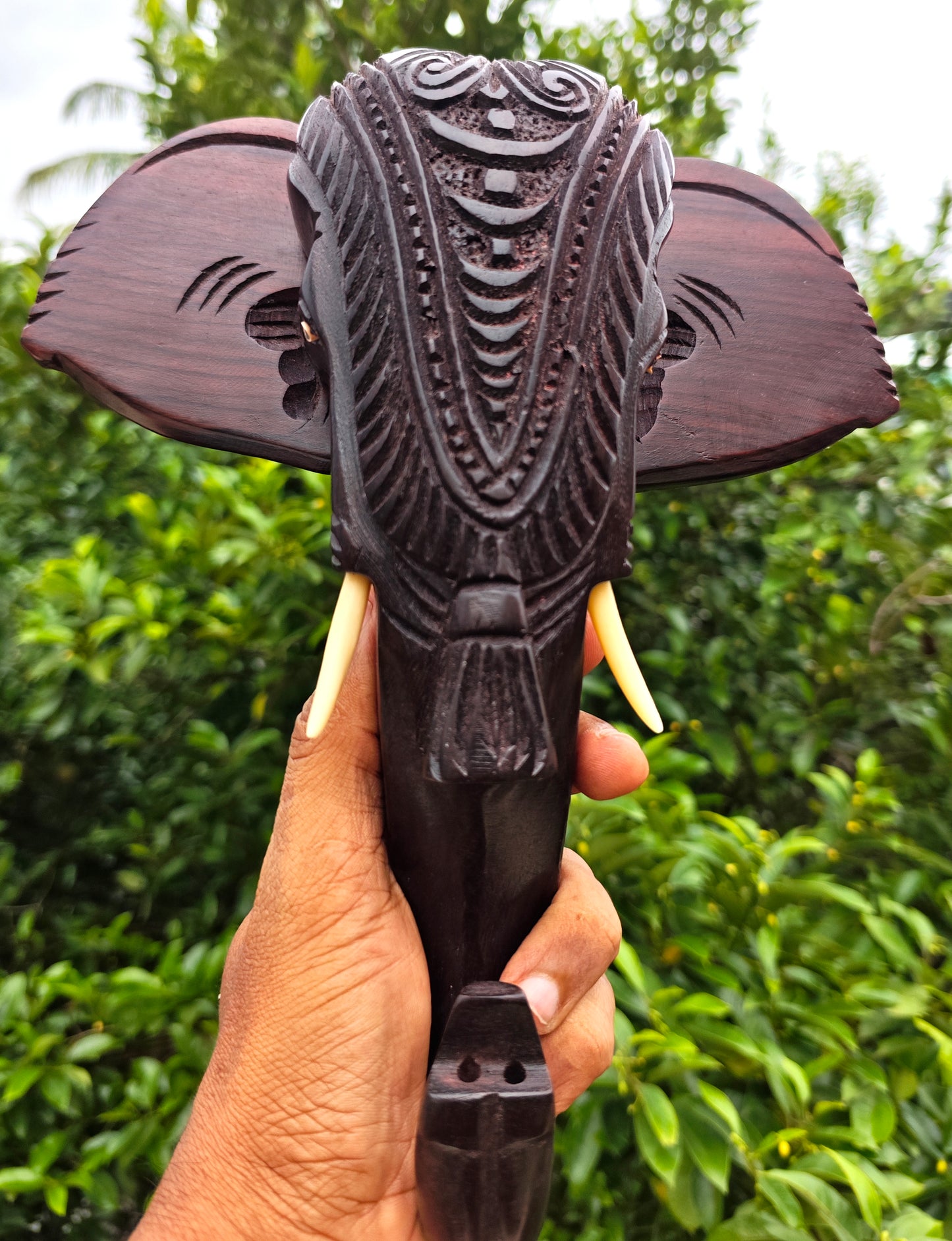10-Inch Hand-Carved Kerala Elephant Head Wall Décor with Nettipattom | Premium Rosewood | Home decor