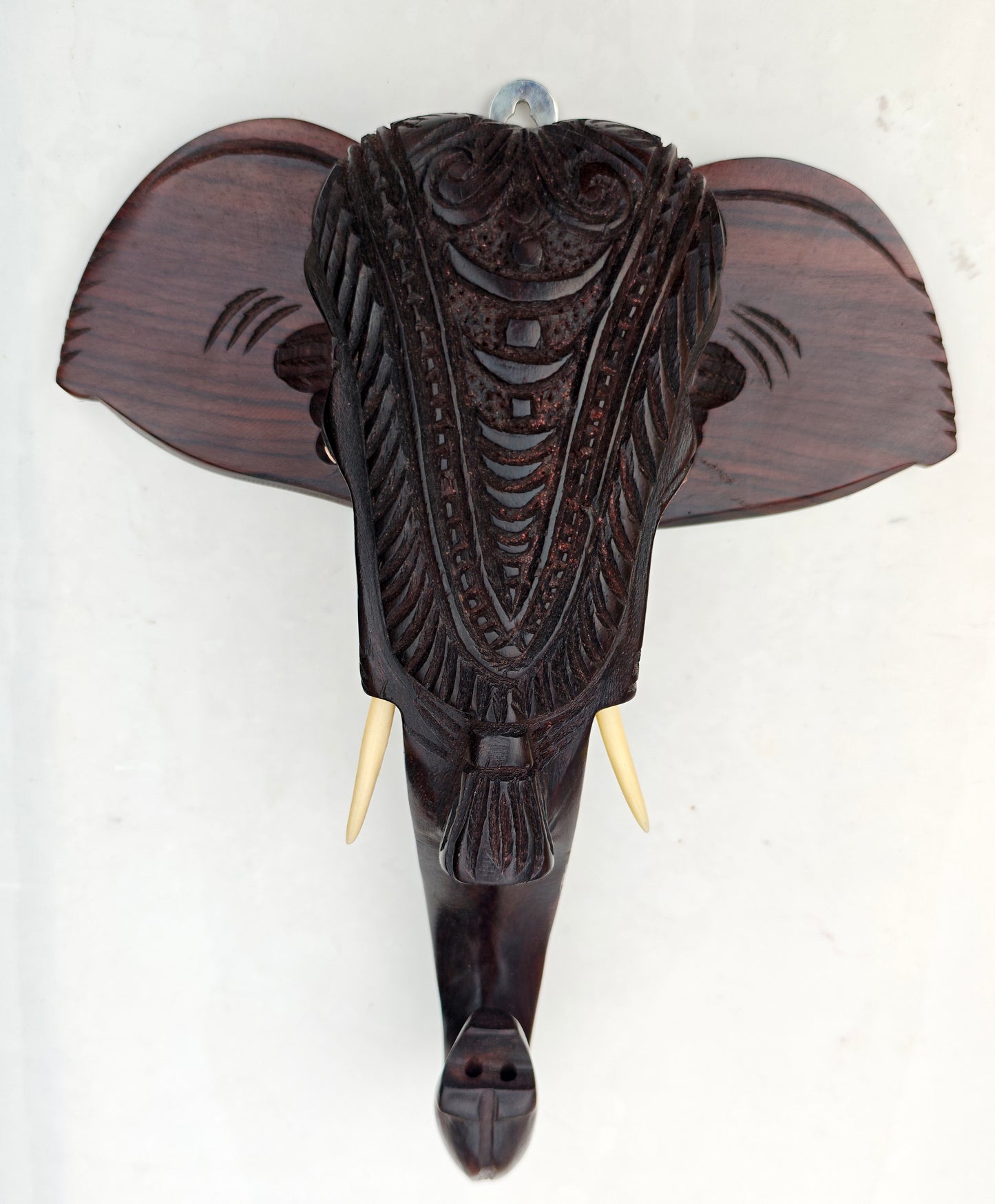 10-Inch Hand-Carved Kerala Elephant Head Wall Décor with Nettipattom | Premium Rosewood | Home decor