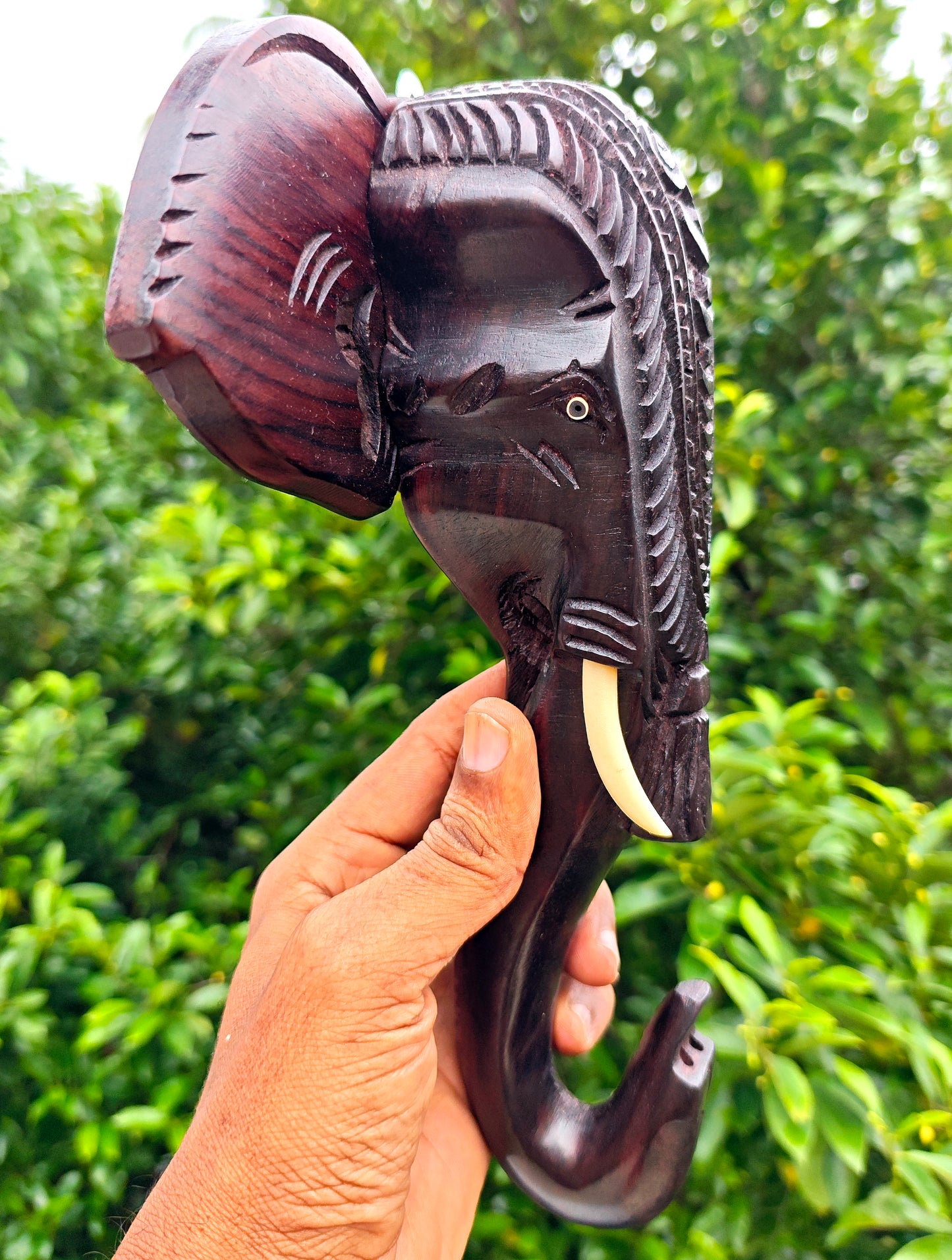 10-Inch Hand-Carved Kerala Elephant Head Wall Décor with Nettipattom | Premium Rosewood | Home decor