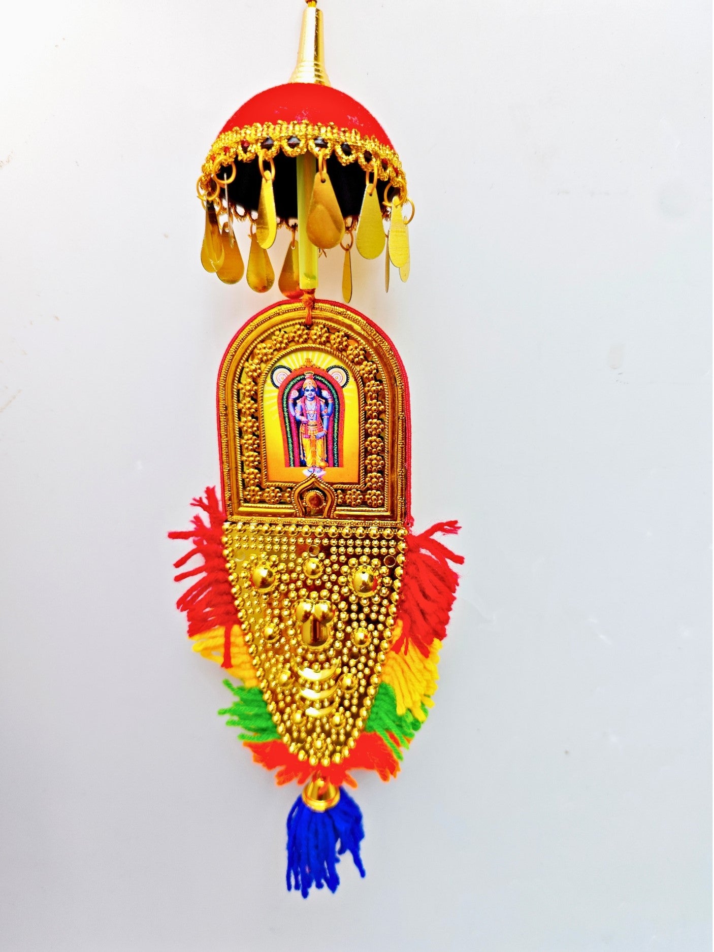Double-Sided Car Hanging Nettipattam – Sree Ganesha & Sree Guruvayoorappan with Umbrella Decoration (7")