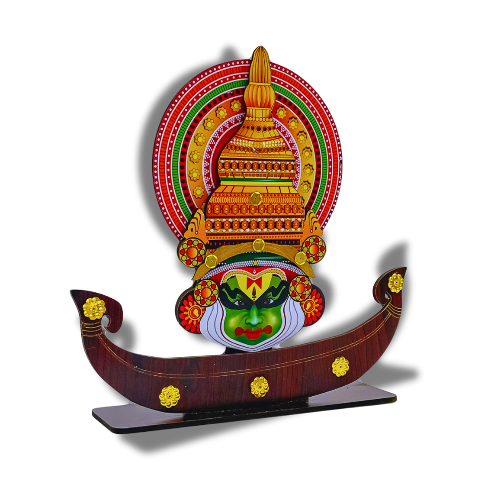 Traditional Kerala Kathakali Boat Souvenir – Handcrafted Wooden Decor with Cultural Elegance (10 x 2.5 x 10 Inch)