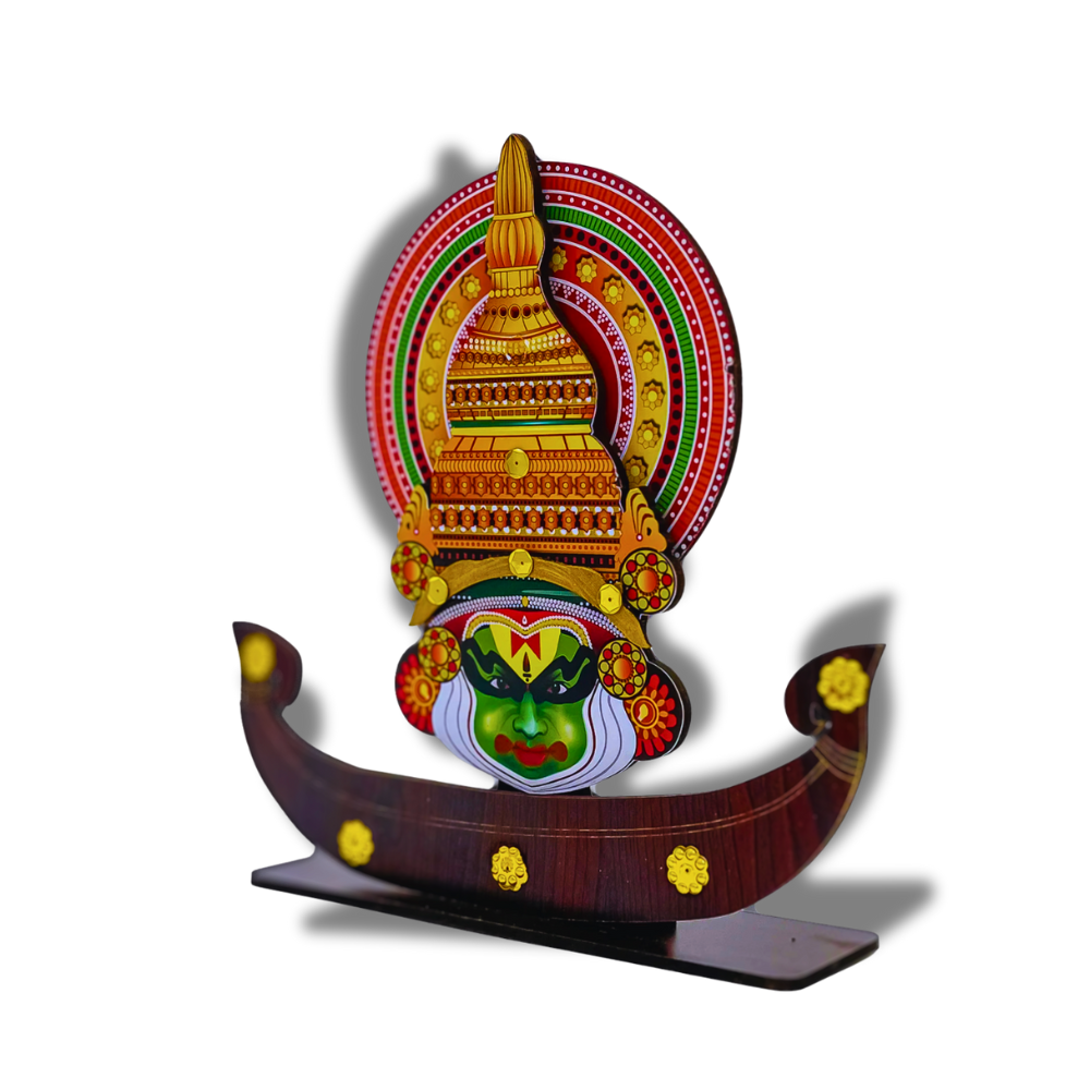 Traditional Kerala Kathakali Boat Souvenir – Handcrafted Wooden Decor with Cultural Elegance (10 x 2.5 x 10 Inch)