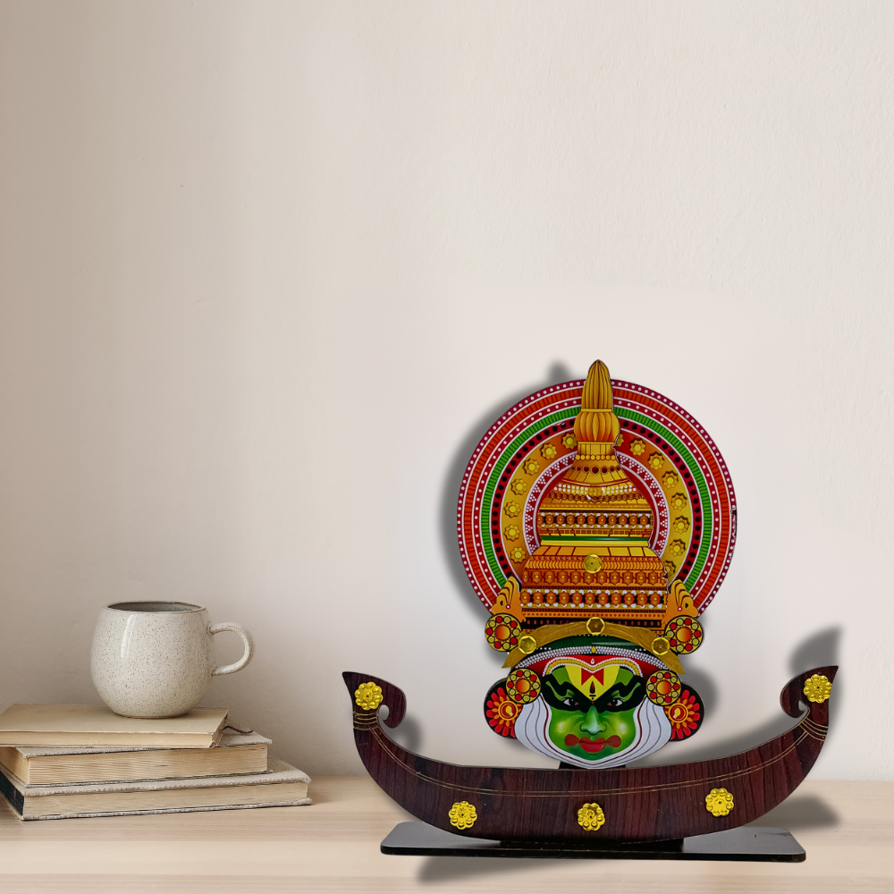 Traditional Kerala Kathakali Boat Souvenir – Handcrafted Wooden Decor with Cultural Elegance (10 x 2.5 x 10 Inch)