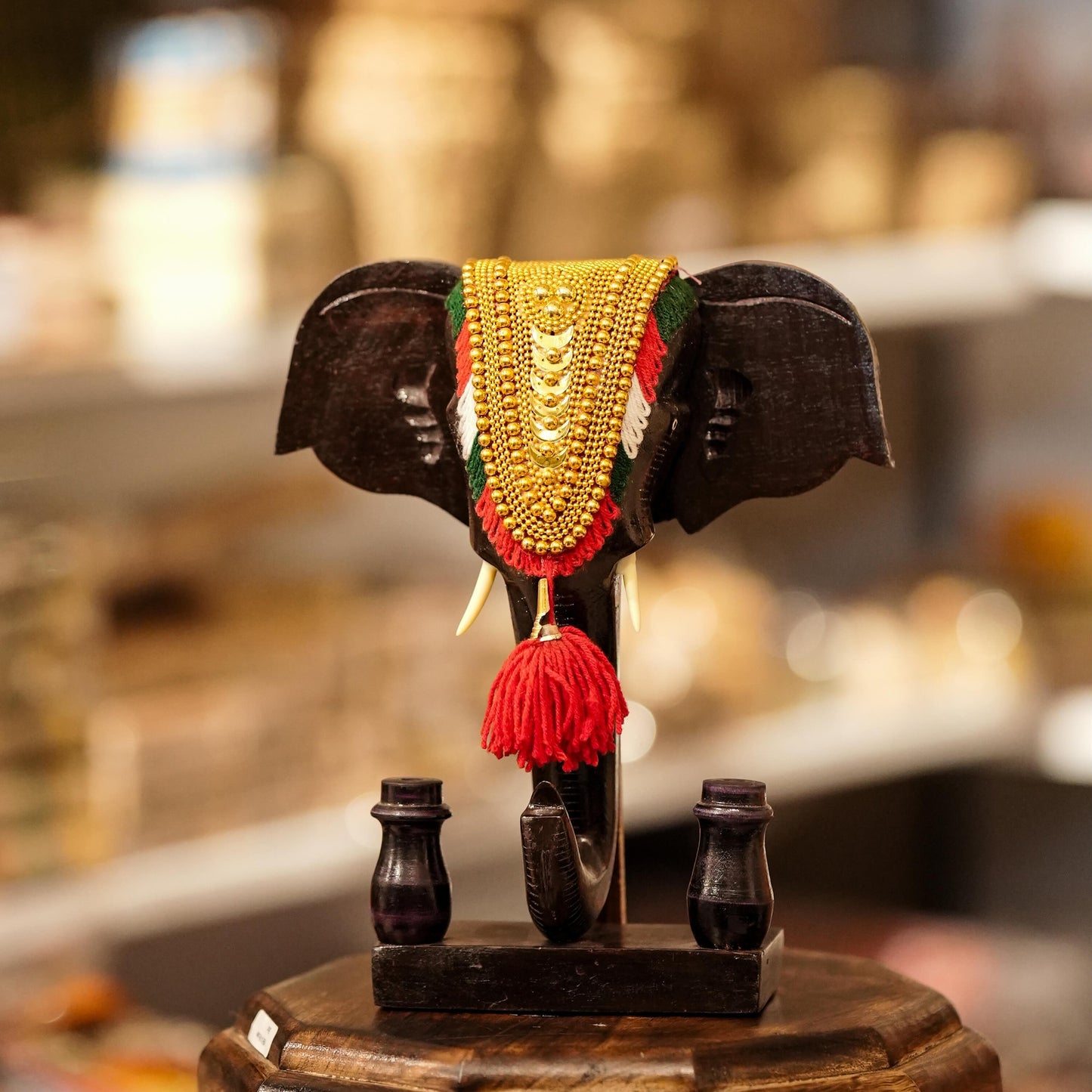 Handcrafted Mahogany Elephant Head Pen Holder with Nettipattom – 11 Inch | Kerala Traditional Decor