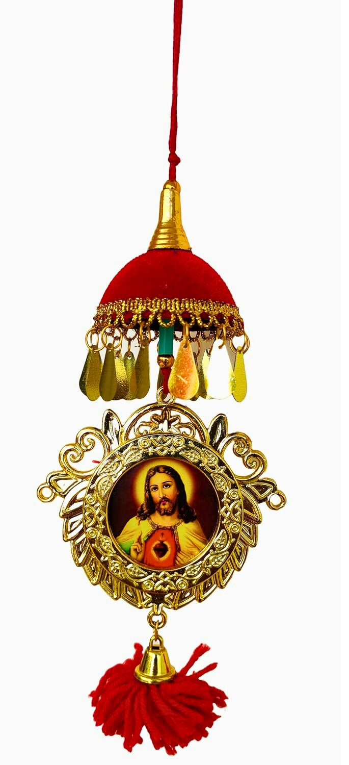 Double-Sided Car Hanging Frame – Jesus & Mary with Mini Umbrella Decoration (7")