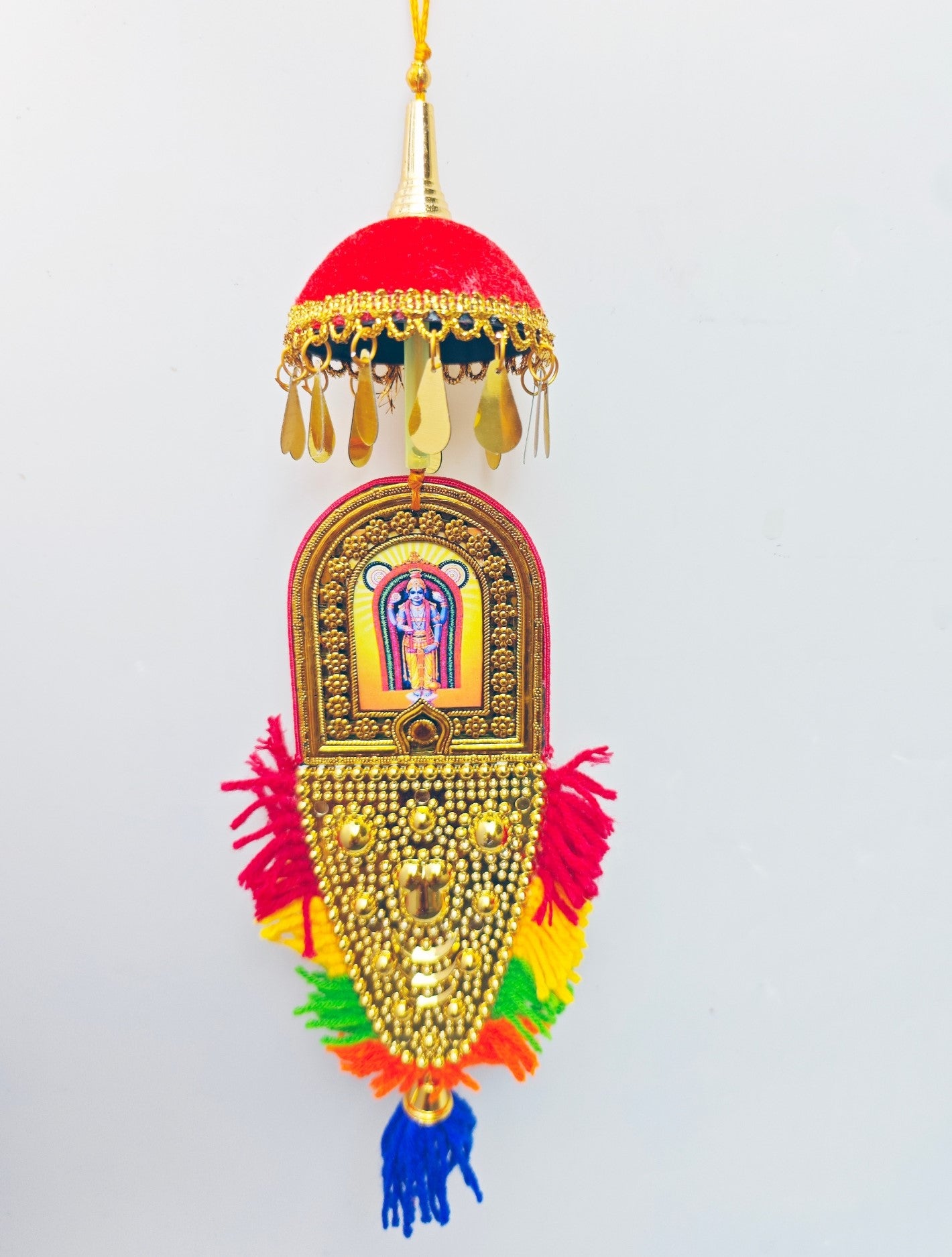 Double-Sided Car Hanging Nettipattam – Sree Ganesha & Sree Guruvayoorappan with Umbrella Decoration (7")