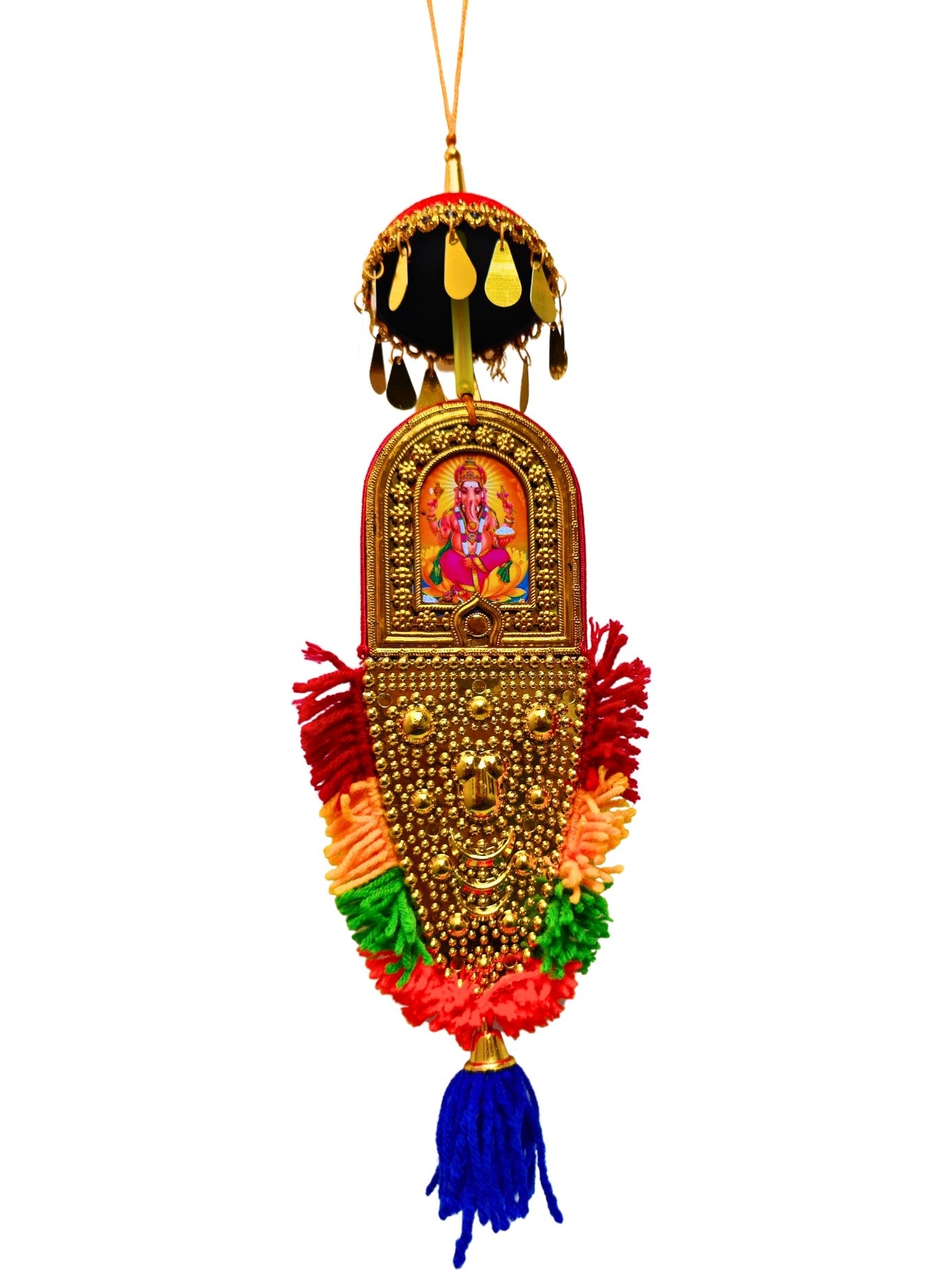 Double-Sided Car Hanging Nettipattam – Sree Ganesha & Sree Guruvayoorappan with Umbrella Decoration (7")