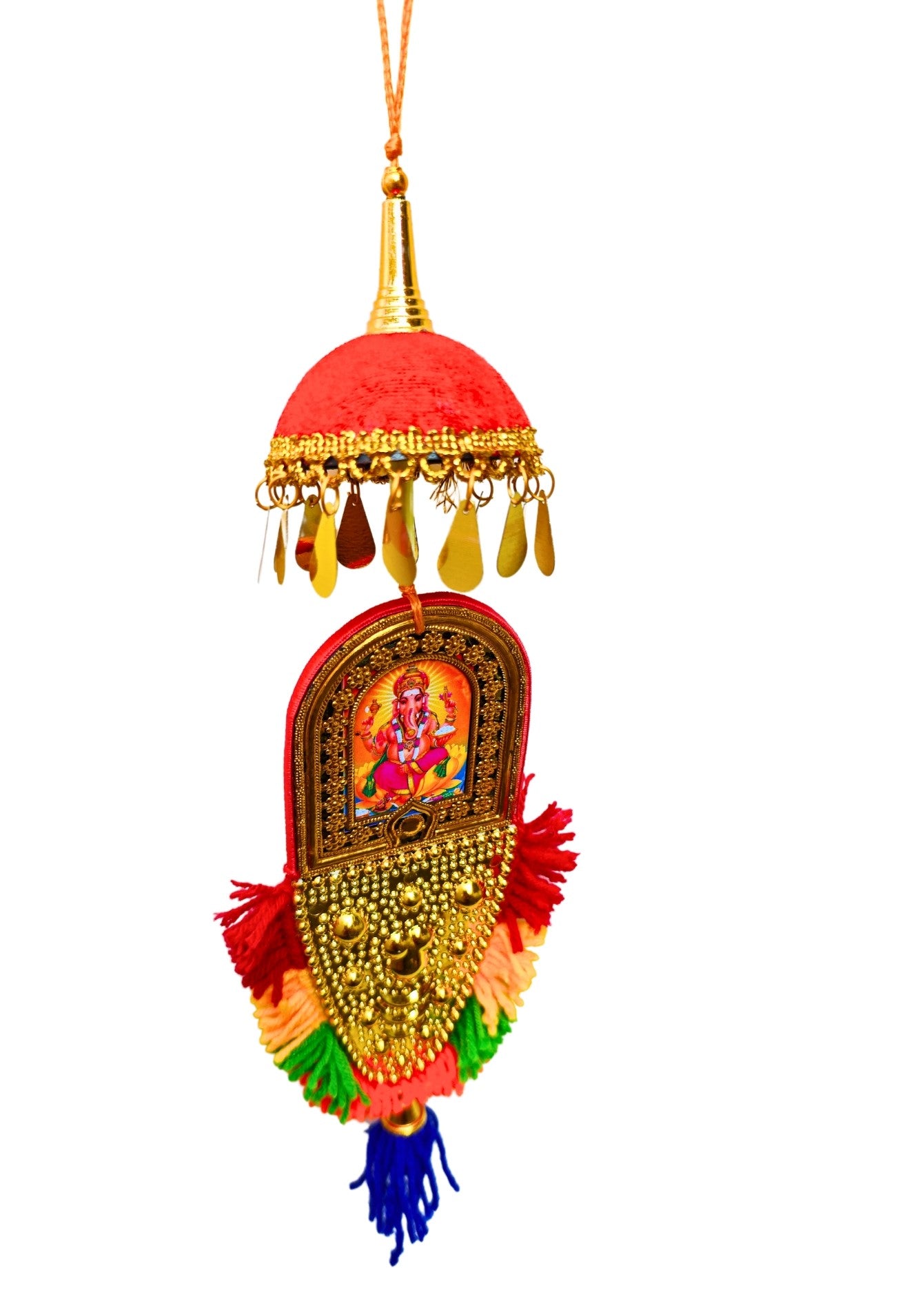 Double-Sided Car Hanging Nettipattam – Sree Ganesha & Sree Guruvayoorappan with Umbrella Decoration (7")