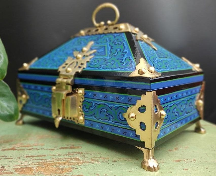 Royal Blue Nettoor Petti with Mural Painting & Lacquered Brass – 9.5 x 6.1 Inches -Traditional Kerala Jewel Box