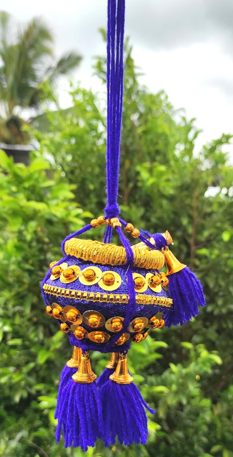 Miniature Fancy Uri Pot Car Hanging – Krishna Maakhan Matki with Flute (Blue)