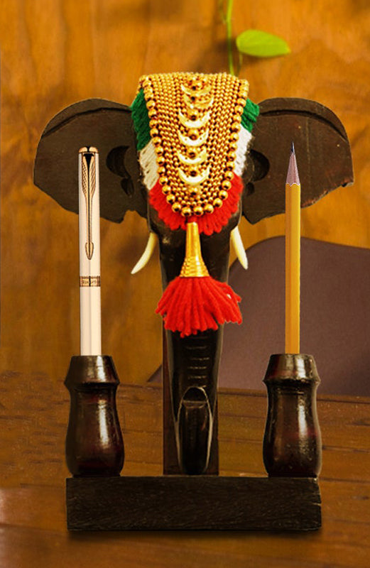 Handcrafted Mahogany Elephant Head Pen Holder with Nettipattom – 11 Inch | Kerala Traditional Decor