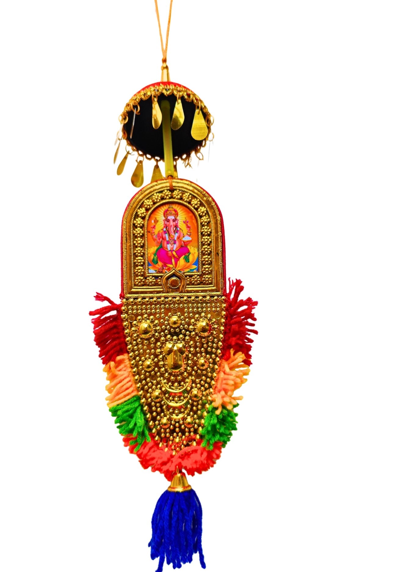 Double-Sided Car Hanging Nettipattam – Sree Ganesha & Sree Siva Parvathi Devi with Umbrella Decoration (7")