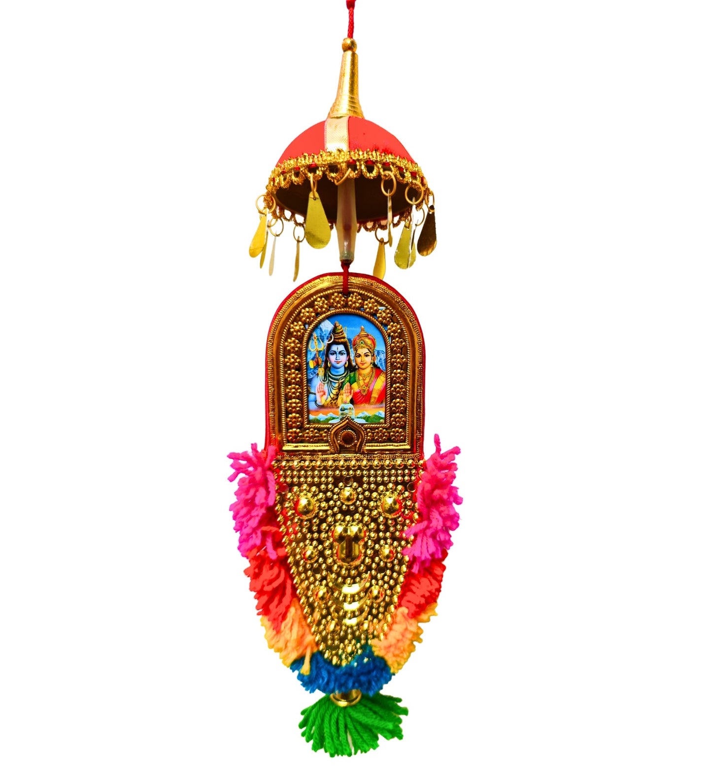 Double-Sided Car Hanging Nettipattam – Sree Ganesha & Sree Siva Parvathi Devi with Umbrella Decoration (7")