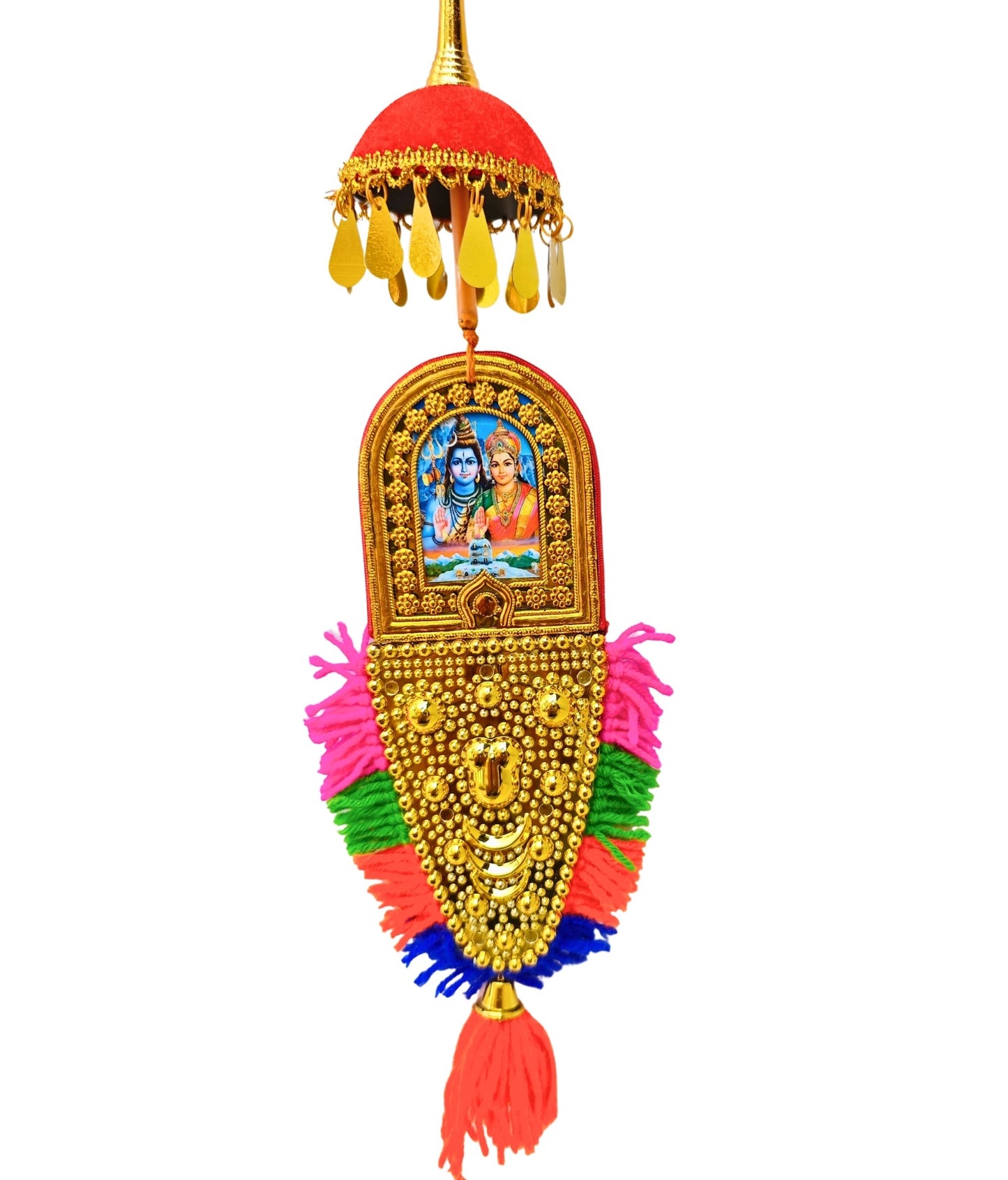 Double-Sided Car Hanging Nettipattam – Sree Ganesha & Sree Siva Parvathi Devi with Umbrella Decoration (7")