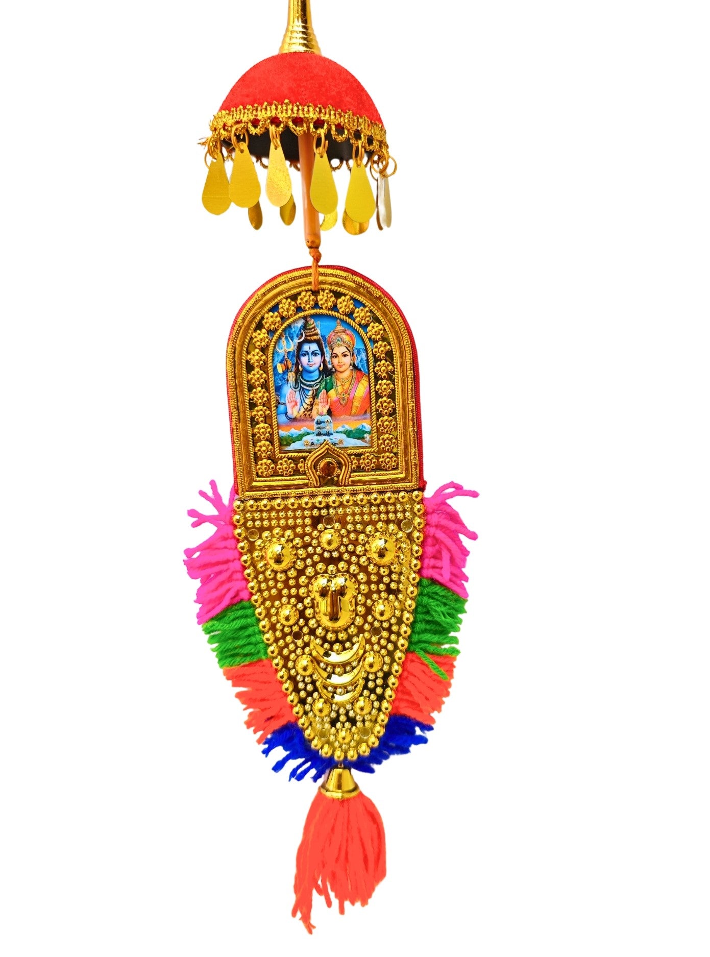 Double-Sided Car Hanging Nettipattam – Sree Ganesha & Sree Siva Parvathi Devi with Umbrella Decoration (7")
