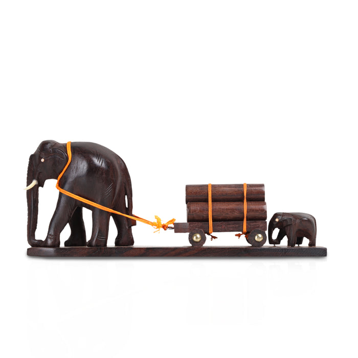 Mother and Baby Elephant Pulling Cart – Handcrafted Rosewood Figurine (10") Kerala home decor