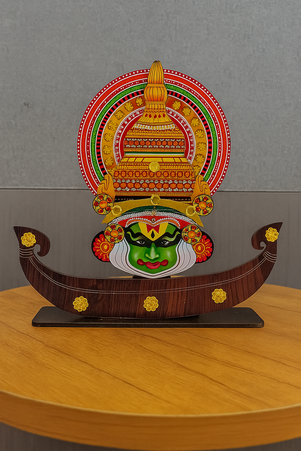 Traditional Kerala Kathakali Boat Souvenir – Handcrafted Wooden Decor with Cultural Elegance (10 x 2.5 x 10 Inch)
