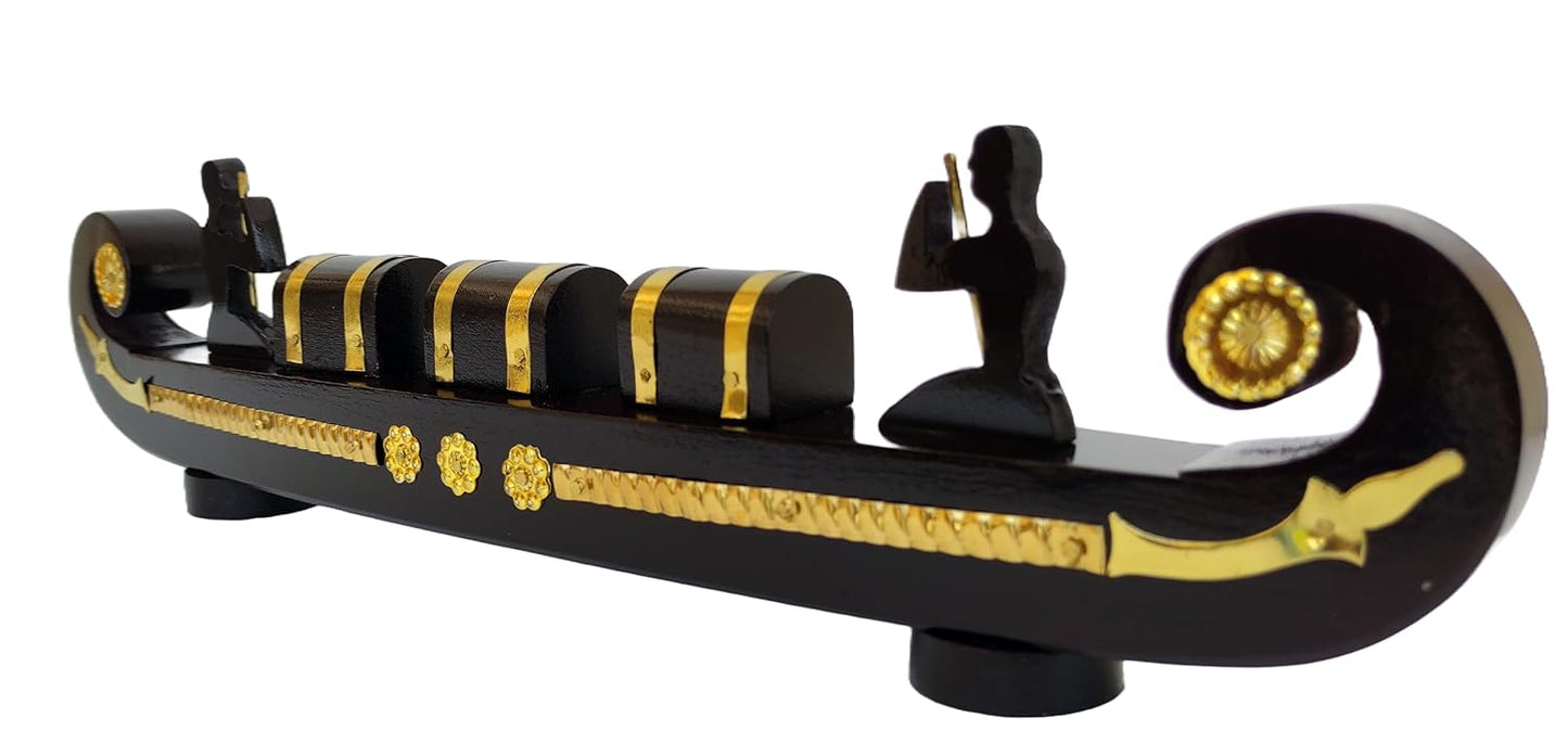 Handcrafted Kerala Wooden Cargo Boat Miniature – Odi Vallom with 2 Rowers & 3 Cargo Boxes | Made from Mahogany with Brass Detailing