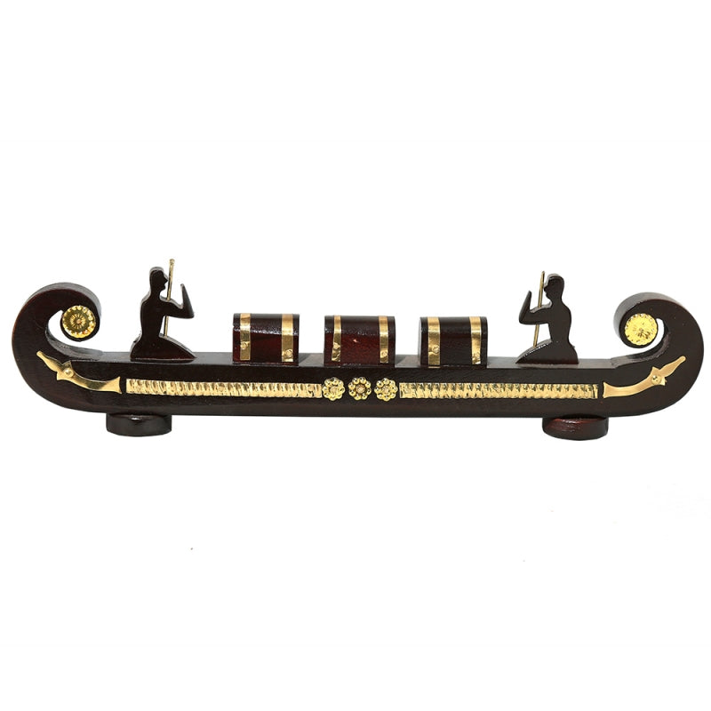 Handcrafted Kerala Wooden Cargo Boat Miniature – Odi Vallom with 2 Rowers & 3 Cargo Boxes | Made from Mahogany with Brass Detailing