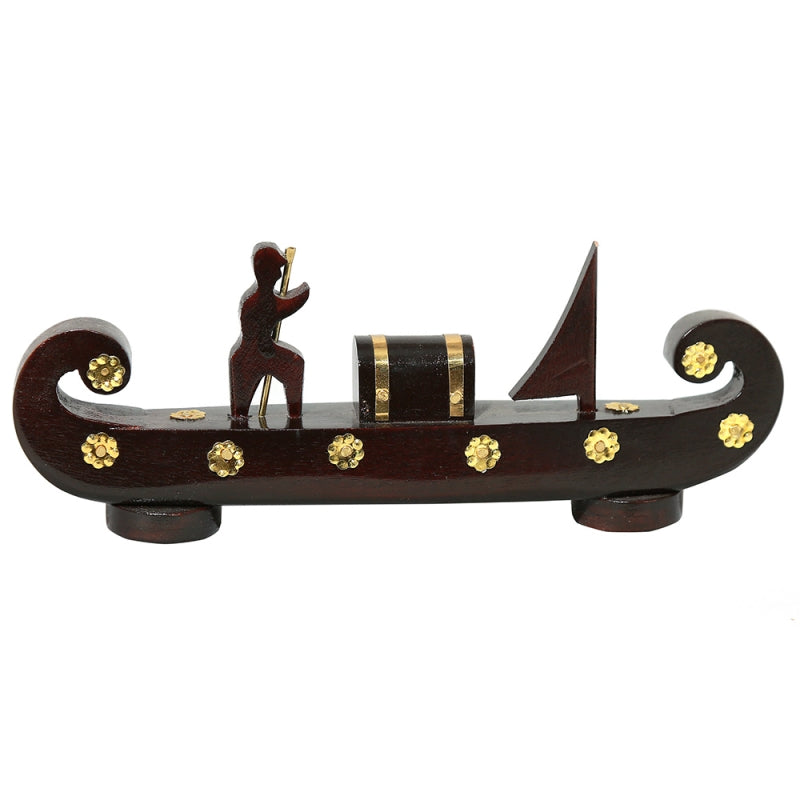 Handcrafted Kerala Wooden Cargo Boat Miniature – Odi Vallom with 1 Cargo Box & Rower | Made from Mahogany Wood