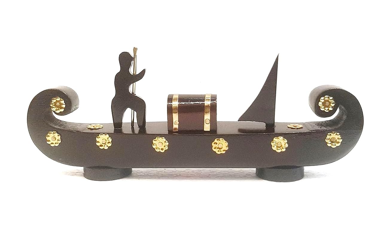 Handcrafted Kerala Wooden Cargo Boat Miniature – Odi Vallom with 1 Cargo Box & Rower | Made from Mahogany Wood