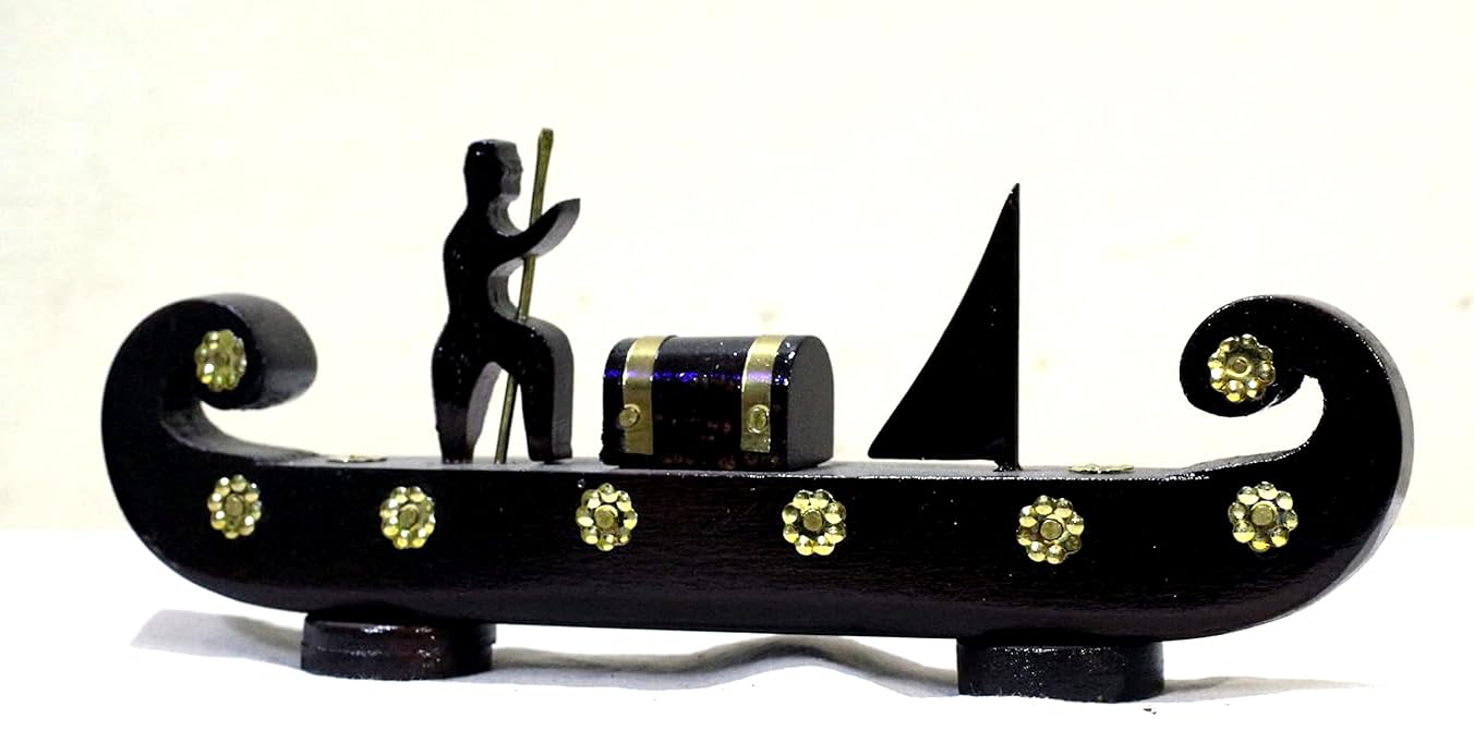 Handcrafted Kerala Wooden Cargo Boat Miniature – Odi Vallom with 1 Cargo Box & Rower | Made from Mahogany Wood
