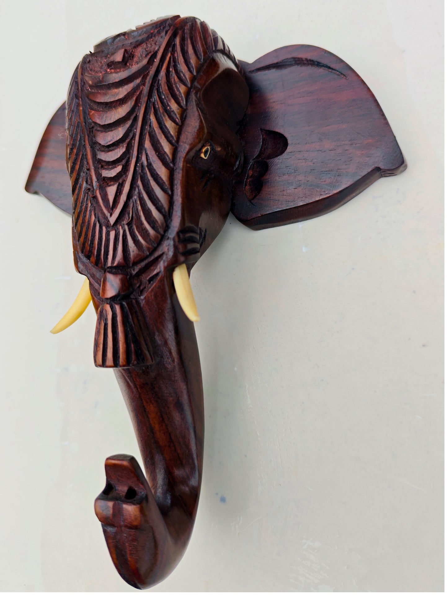 Traditional Indian Décor- Hand-Carved Kerala Elephant Head Wall Hanging with Nettipattom – 8 Inches | Solid Rosewood