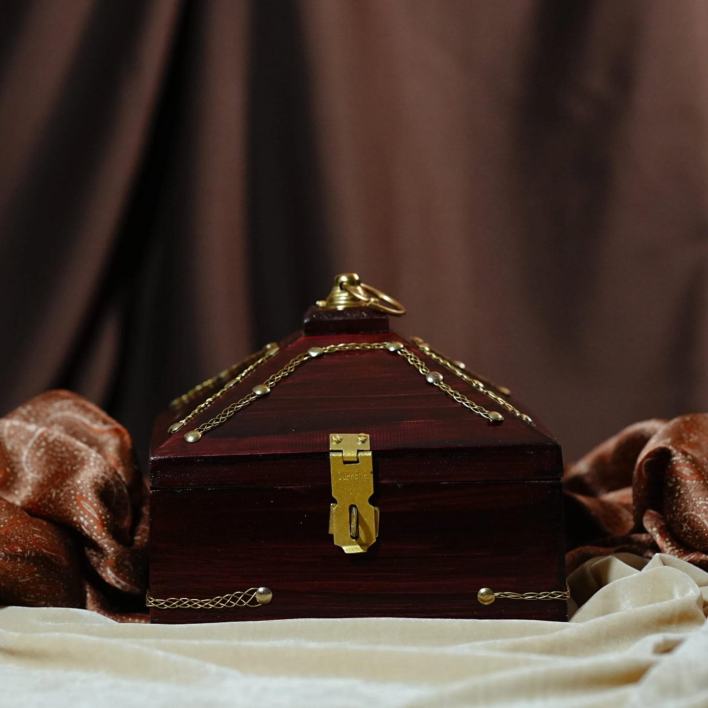 Handcrafted Pyramid Wooden Jewel Box with Brass Floral Design – Velvet Lining for home decor and gifting