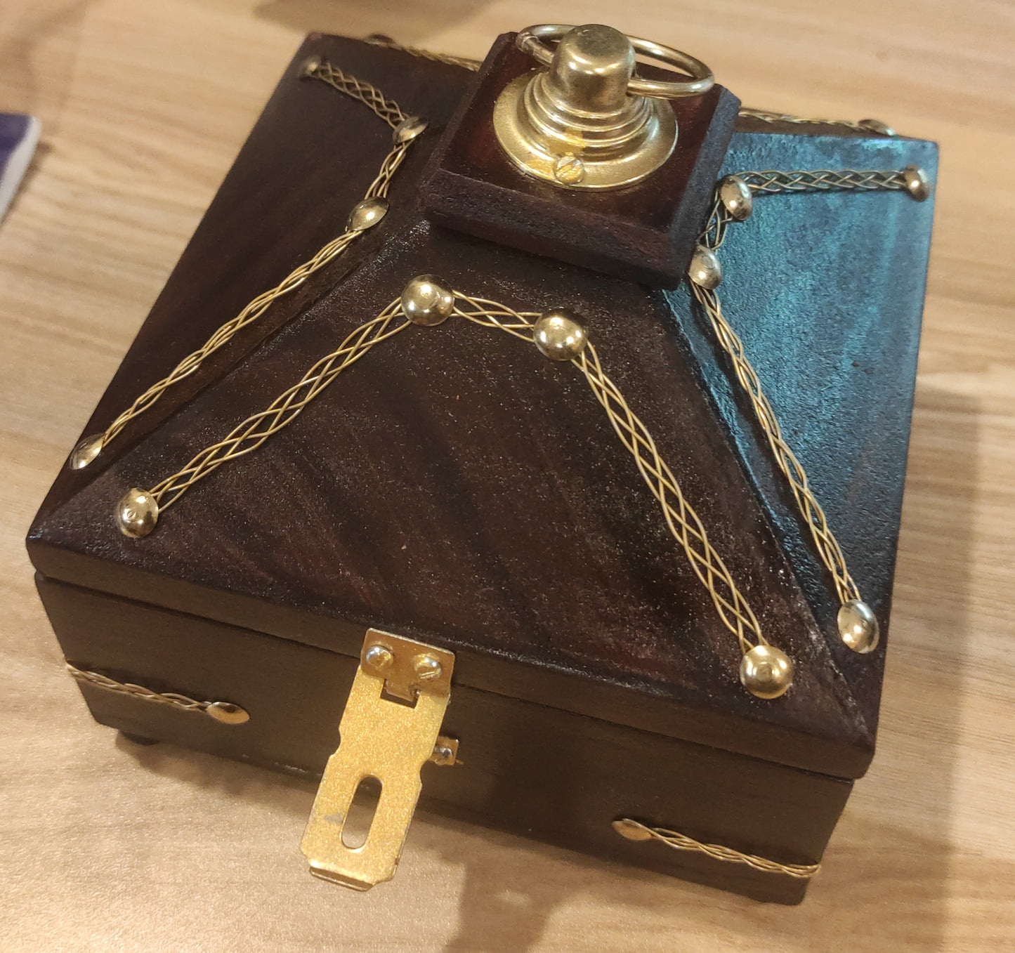 Handcrafted Pyramid Wooden Jewel Box with Brass Floral Design – Velvet Lining for home decor and gifting
