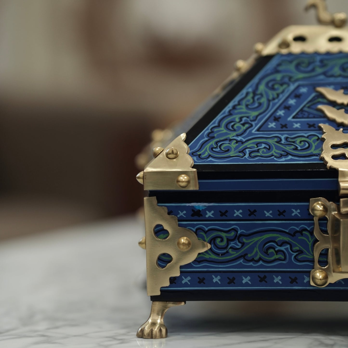 Blue Nettoor Petti with Mural Painting & Brass Accents – 7×5 Inches Kerala Traditional Jewel Box | Handcrafted Heirloom | Ideal for Gifts & Home Décor
