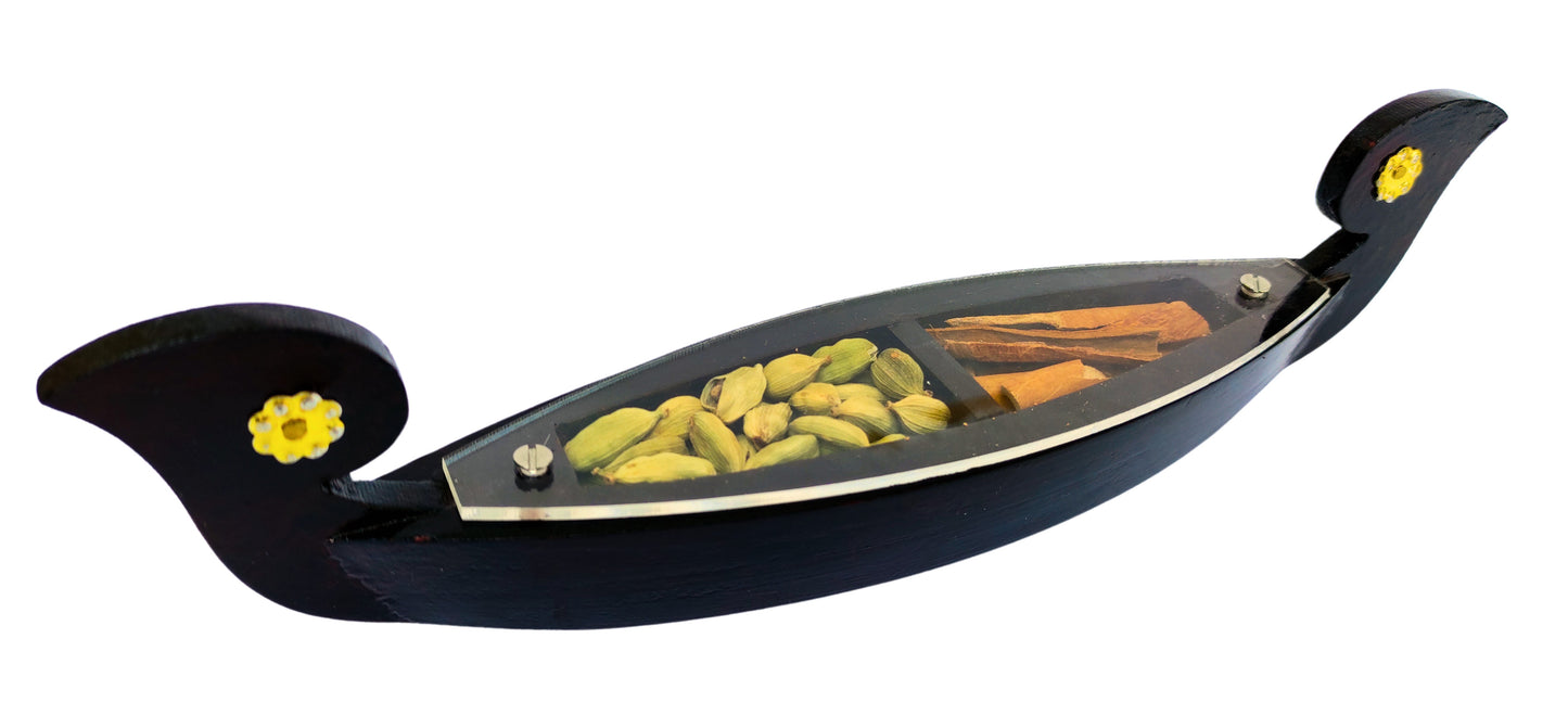 Miniature Kettuvallom Spice Boat – Traditional Kerala Masterpiece with 2 Real Spices Handcrafted Wooden Model | 25 cm Length | Ideal for Gifting