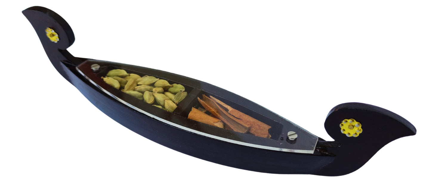 Miniature Kettuvallom Spice Boat – Traditional Kerala Masterpiece with 2 Real Spices Handcrafted Wooden Model | 25 cm Length | Ideal for Gifting