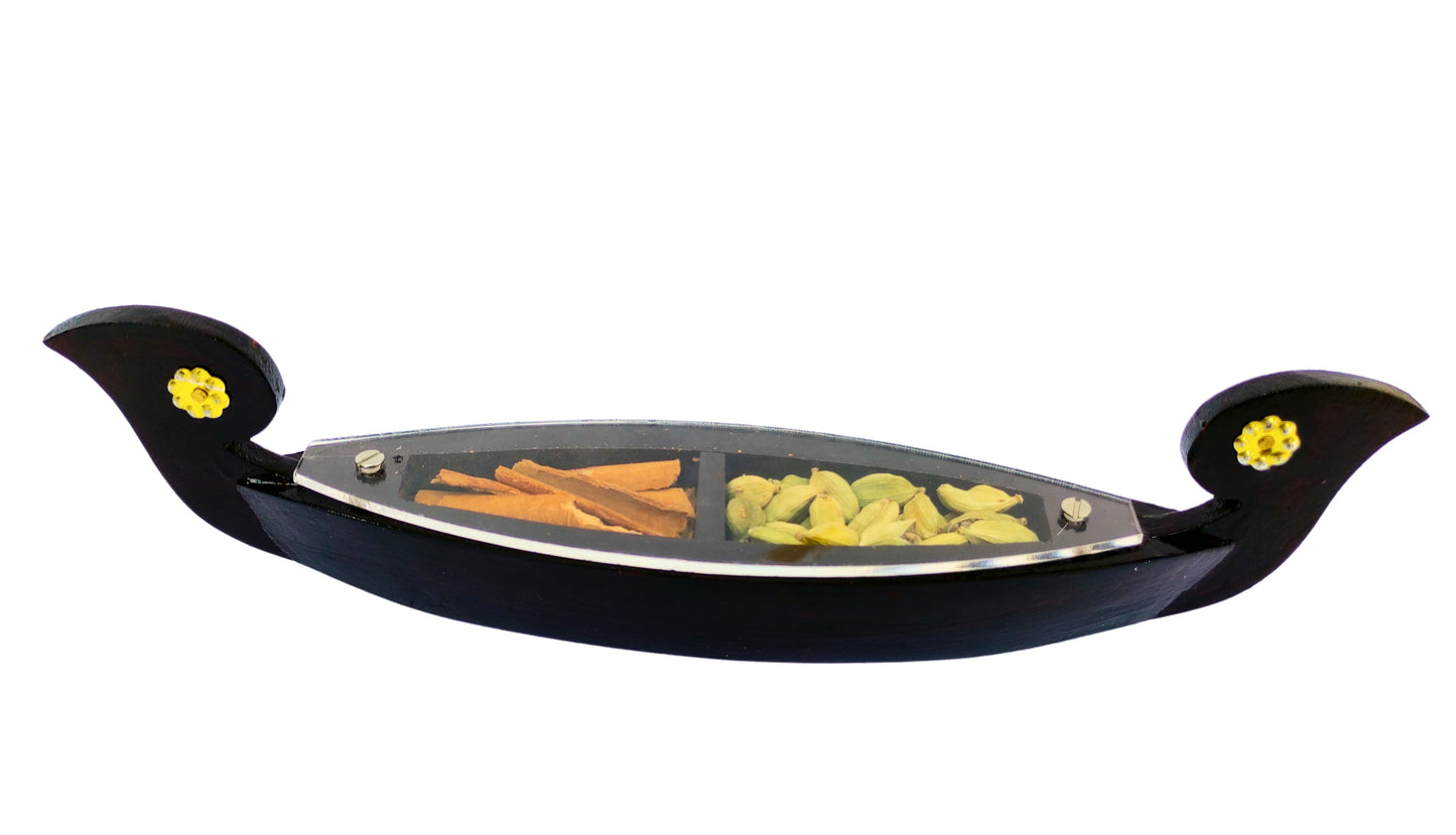 Miniature Kettuvallom Spice Boat – Traditional Kerala Masterpiece with 2 Real Spices Handcrafted Wooden Model | 25 cm Length | Ideal for Gifting