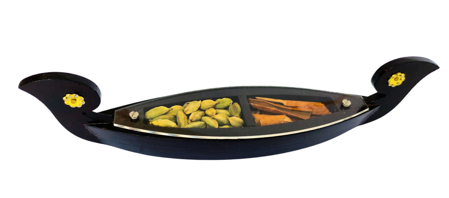 Miniature Kettuvallom Spice Boat – Traditional Kerala Masterpiece with 2 Real Spices Handcrafted Wooden Model | 25 cm Length | Ideal for Gifting