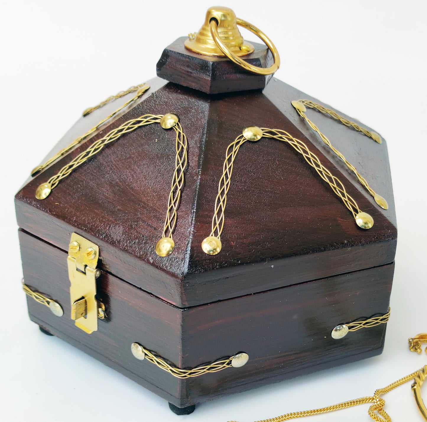 Mini Rosewood Hexagon Jewel Box – Kerala Ethnic Design (4.5" Diameter)