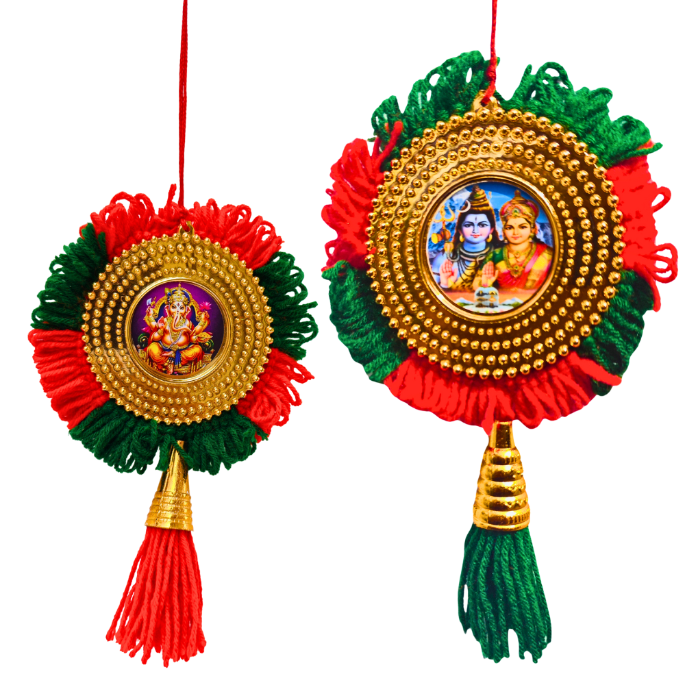 Double-Sided Car Hanging Nettipattom with Sree Ganesha & Sree Siva Parvathi | Handcrafted Kerala Rearview Mirror Charm