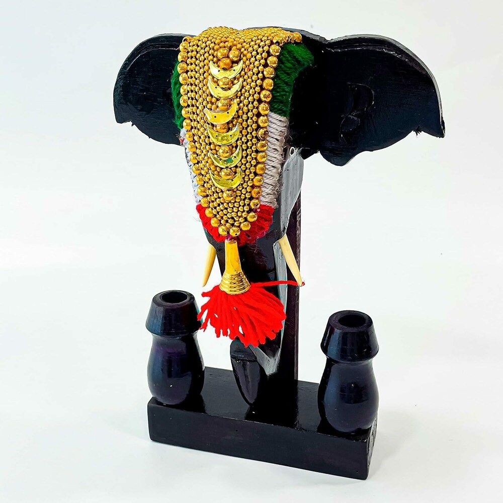 Handcrafted Mahogany Elephant Head Pen Holder with Nettipattom – 11 Inch | Kerala Traditional Decor