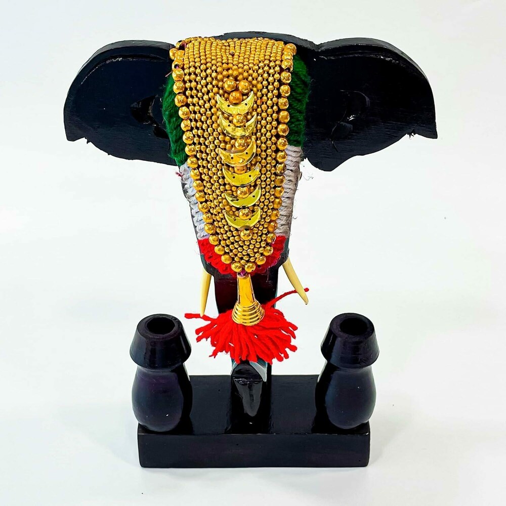 Handcrafted Mahogany Elephant Head Pen Holder with Nettipattom – 11 Inch | Kerala Traditional Decor