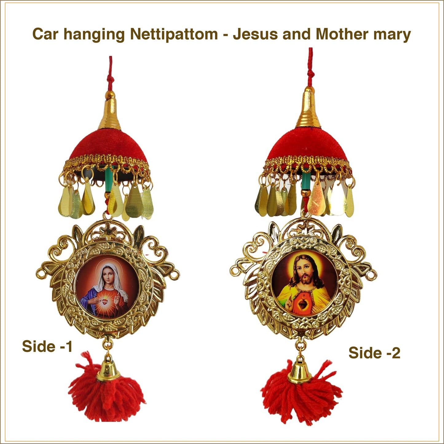 Double-Sided Car Hanging Frame – Jesus & Mary with Mini Umbrella Decoration (7")