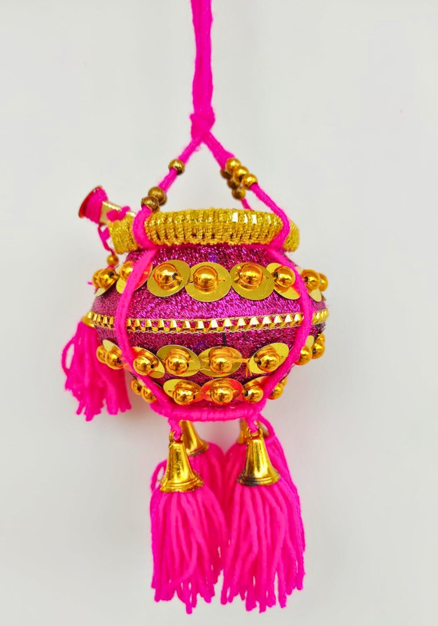 Krishna Milk Butter Pot Hanging – Magenta Maakhan Matki for Car or Home Décor