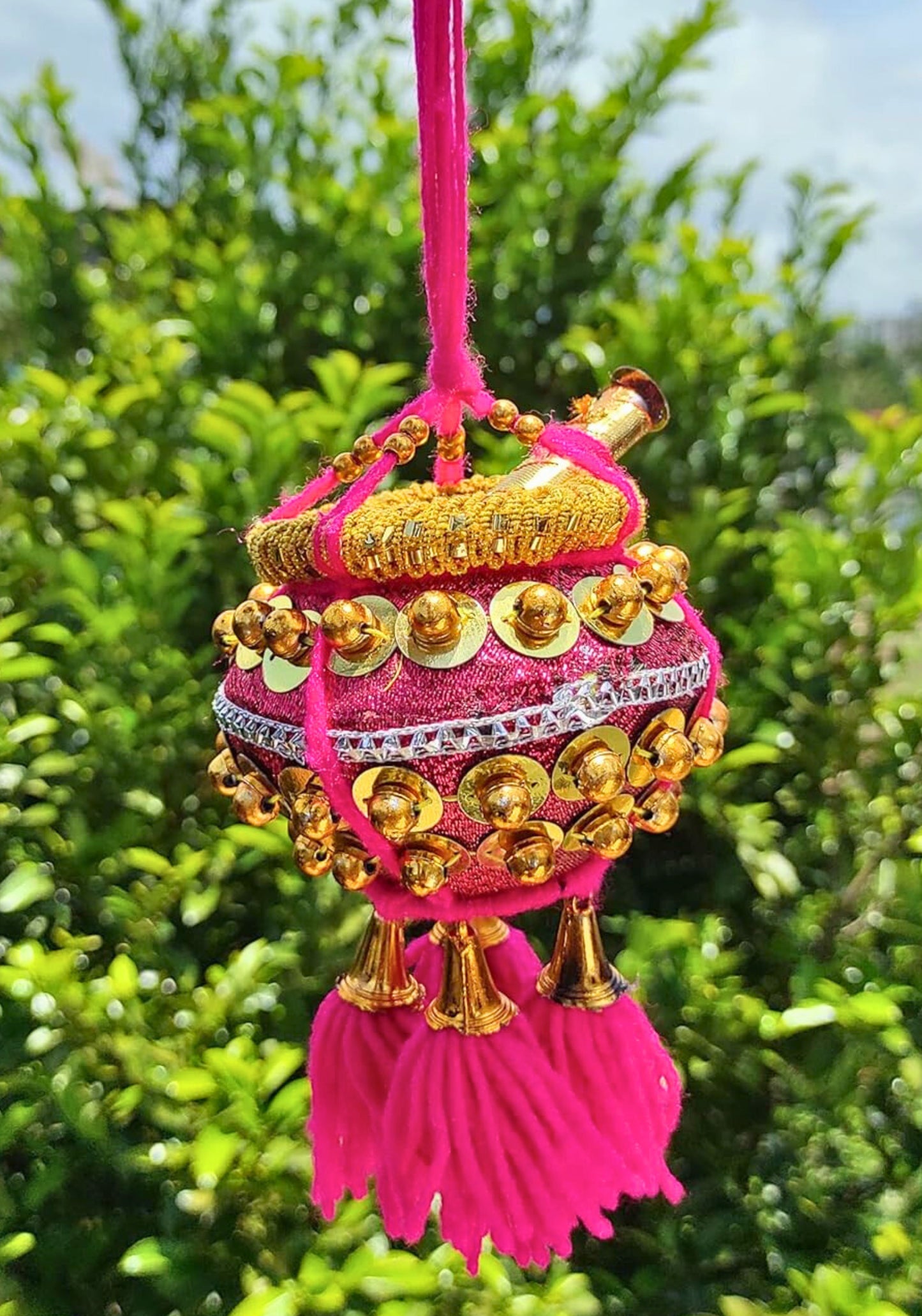 Krishna Milk Butter Pot Hanging – Magenta Maakhan Matki for Car or Home Décor
