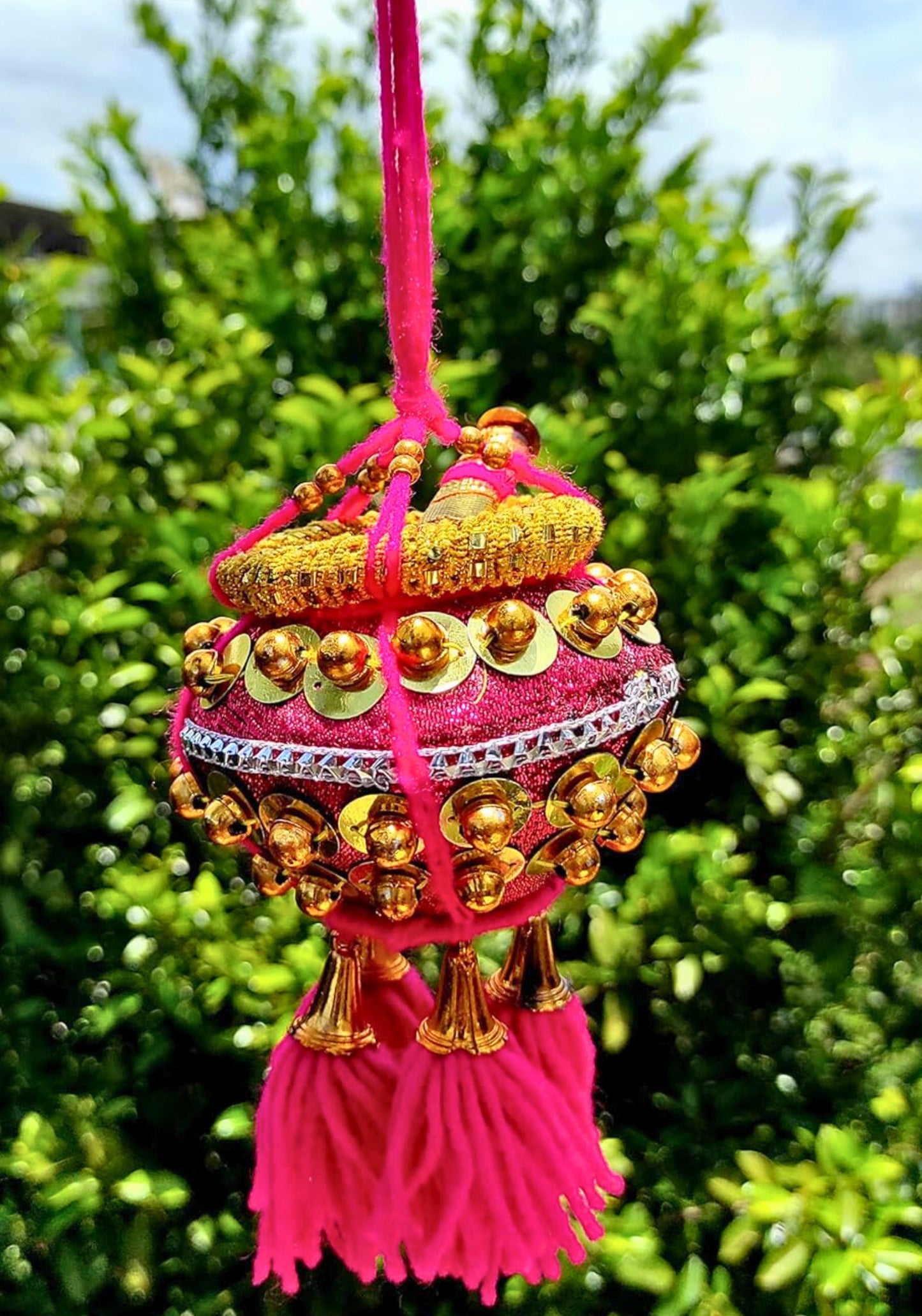 Krishna Milk Butter Pot Hanging – Magenta Maakhan Matki for Car or Home Décor