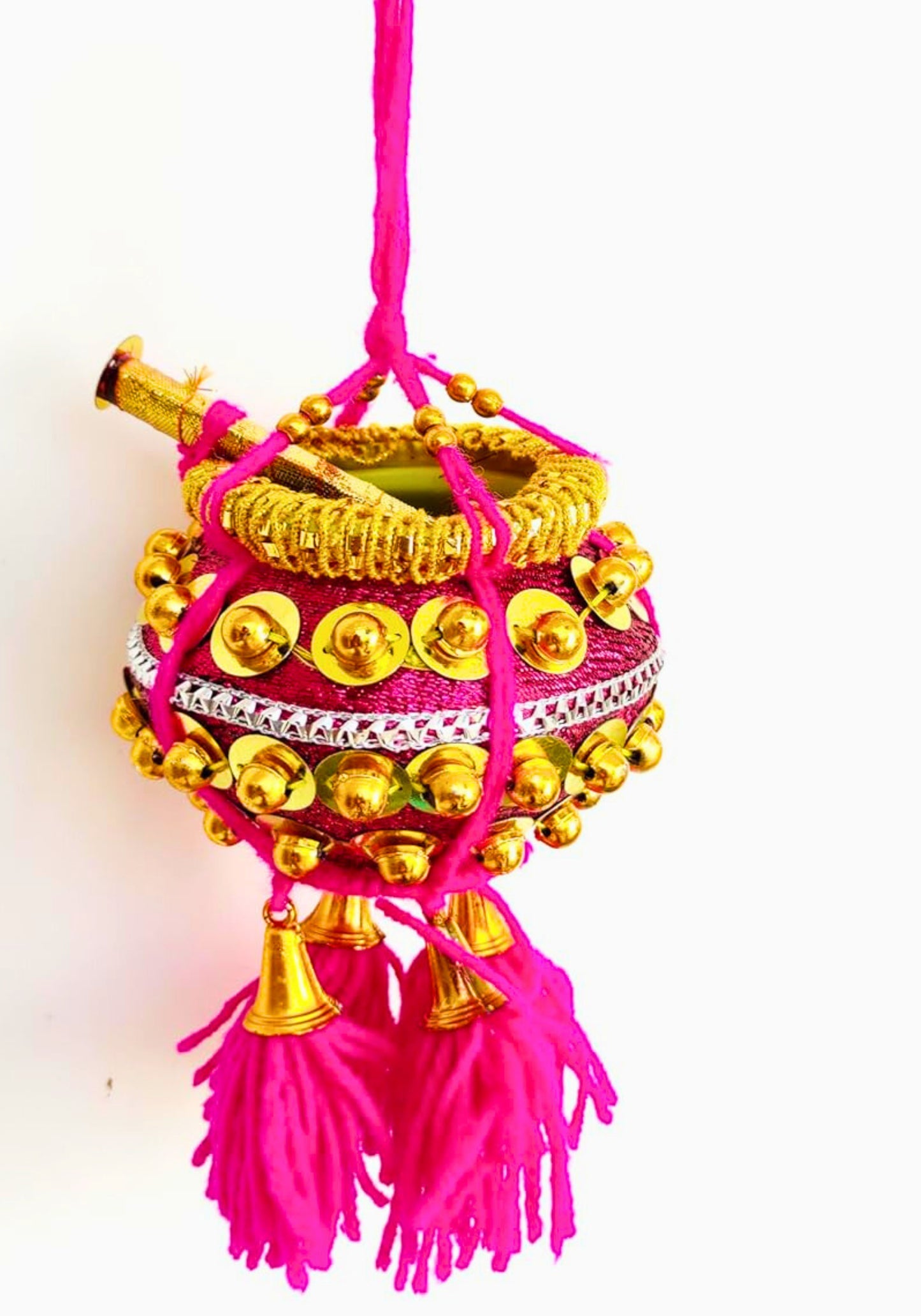 Krishna Milk Butter Pot Hanging – Magenta Maakhan Matki for Car or Home Décor
