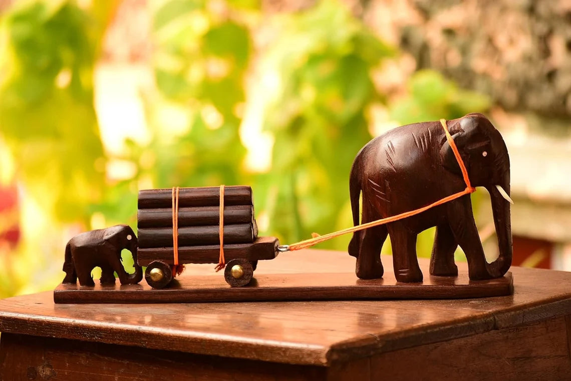 Mother and Baby Elephant Pulling Cart – Handcrafted Rosewood Figurine (10") Kerala home decor