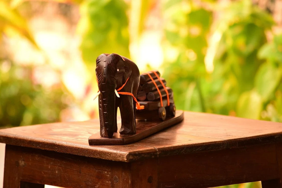Mother and Baby Elephant Pulling Cart – Handcrafted Rosewood Figurine (10") Kerala home decor